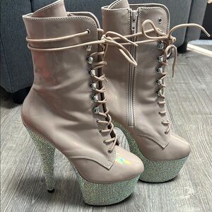 Pleaser Tan and Silver Heeled Boots with Platform
